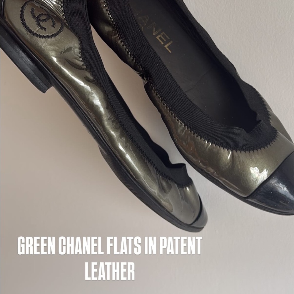 CHANEL Olive Patent Leather Flats